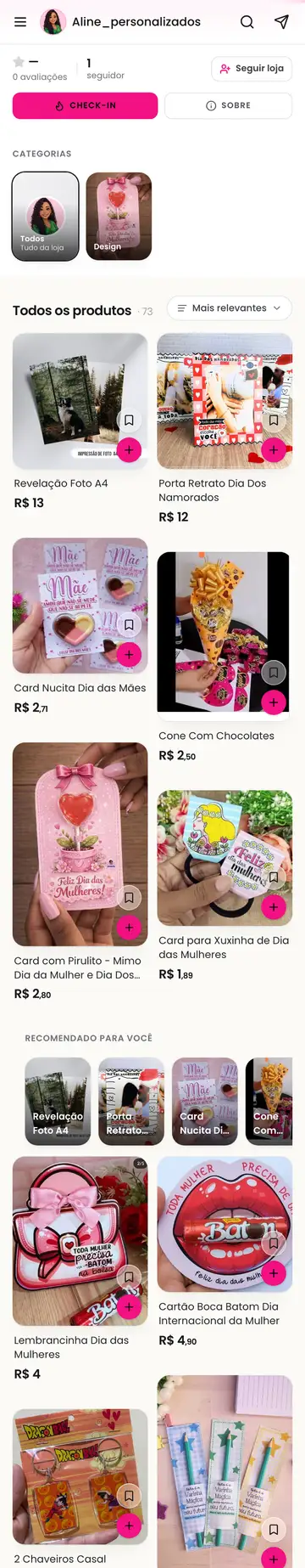 Loja Aline Personalizados aberta no celular, com a vitrine e os produtos
