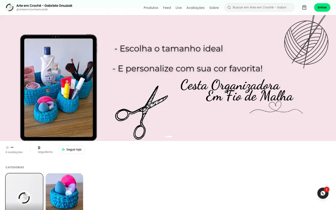 Página inicial da loja Arte em Crochê no computador