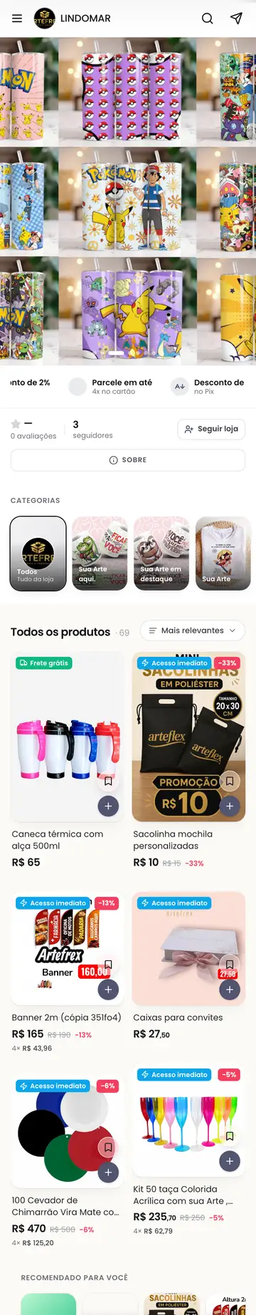 Loja Artefrex aberta no celular, com a vitrine e os produtos