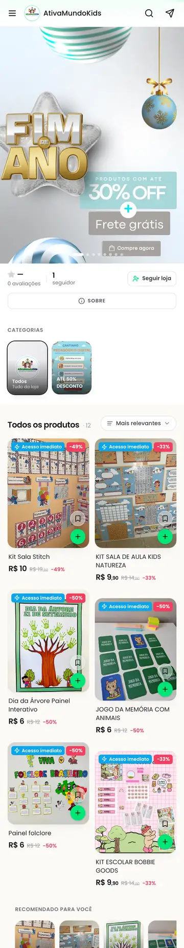 Loja AtivaMundoKids aberta no celular, com a vitrine e os produtos