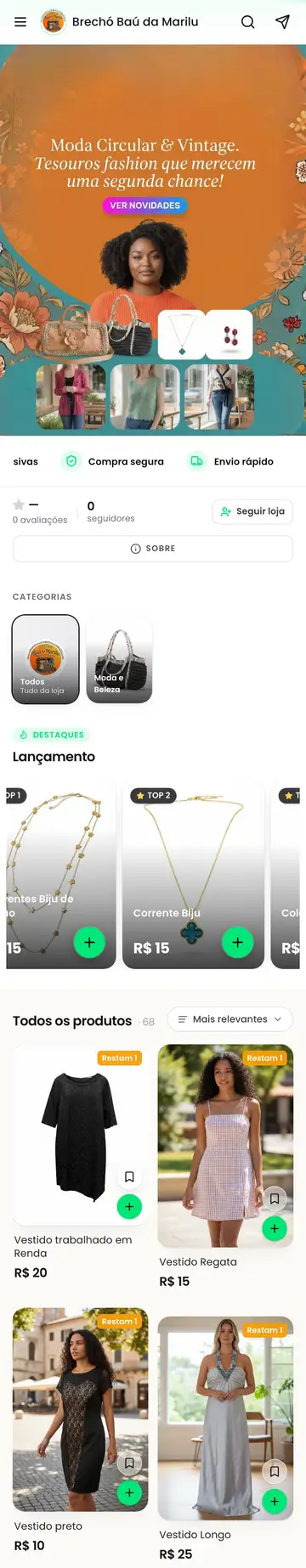Loja Brechó Baú da Marilu aberta no celular, com a vitrine e os produtos