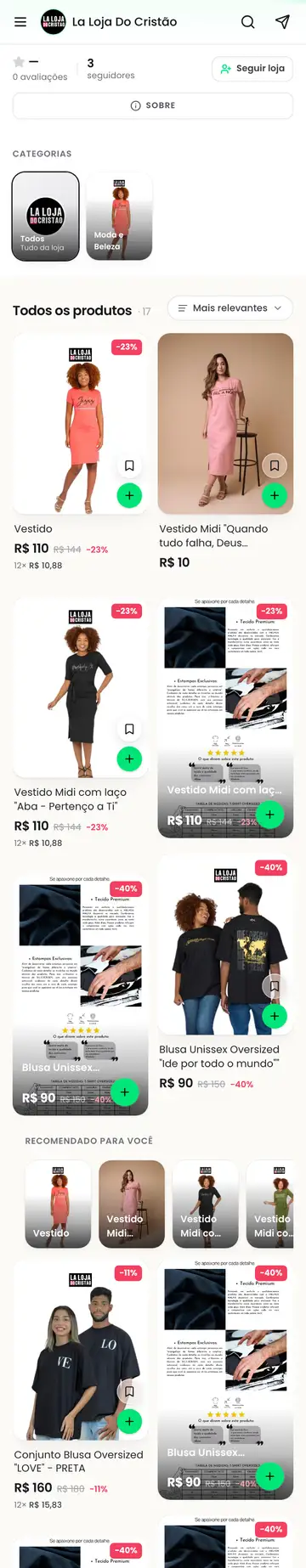 Loja La Loja do Cristão aberta no celular, com a vitrine e os produtos