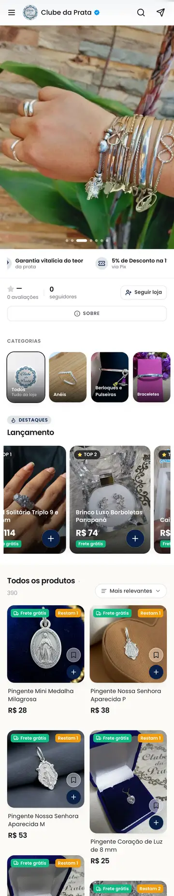Loja Clube da Prata aberta no celular, com a vitrine e os produtos