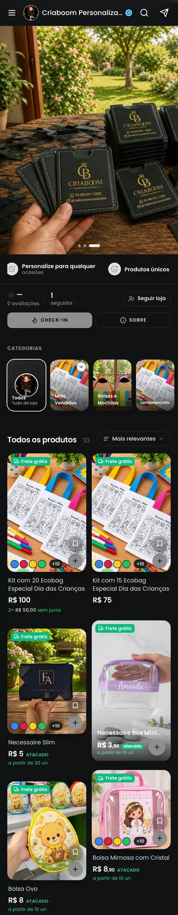 Loja Criaboom Personalizados aberta no celular, com a vitrine e os produtos