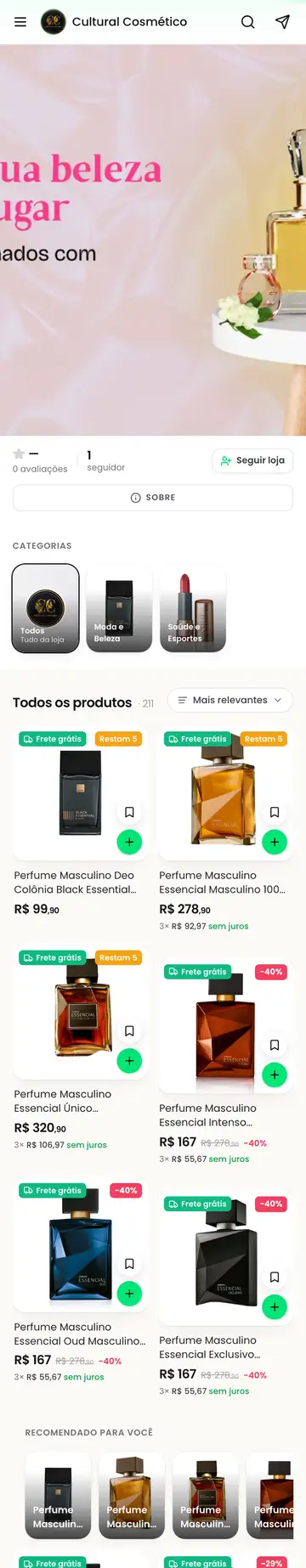 Loja Cultural Cosmético aberta no celular, com a vitrine e os produtos