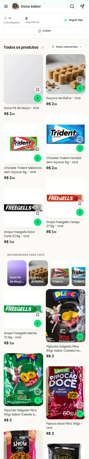 Loja Doce Sabor aberta no celular, com a vitrine e os produtos