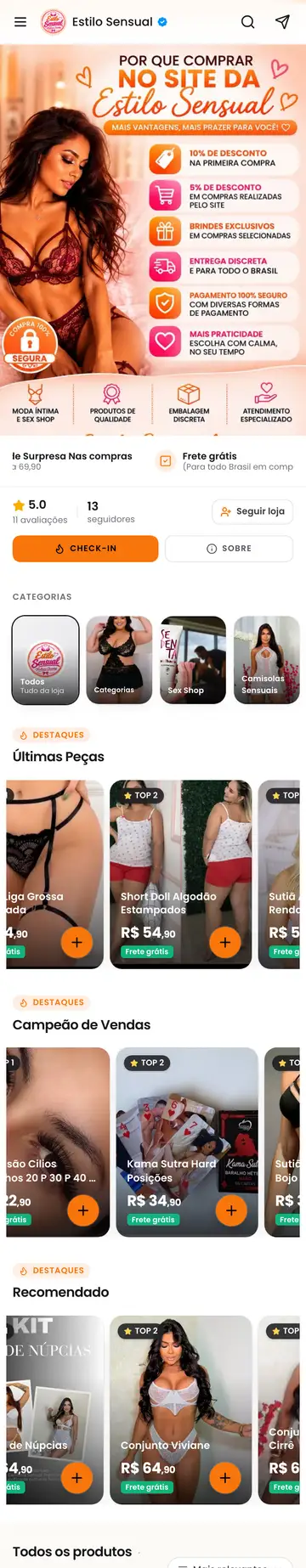 Loja Estilo Sensual aberta no celular, com a vitrine e os produtos