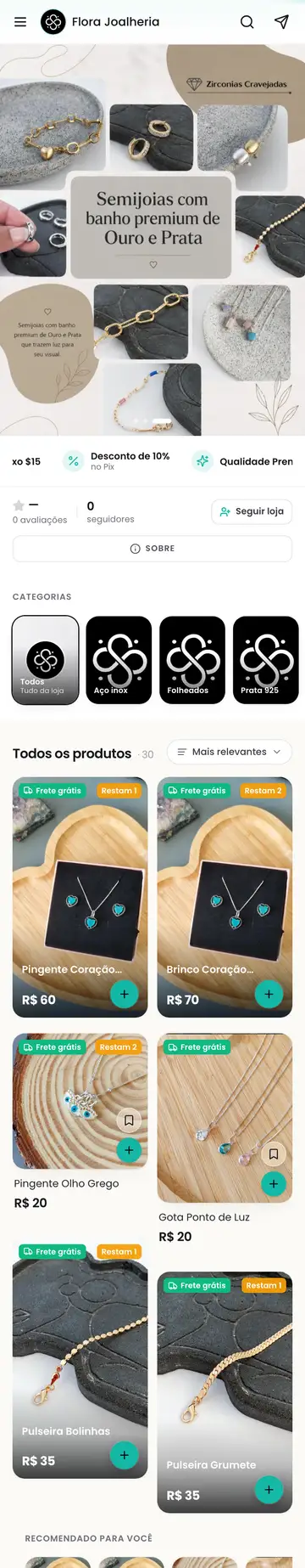 Loja Flora Joalheria aberta no celular, com a vitrine e os produtos