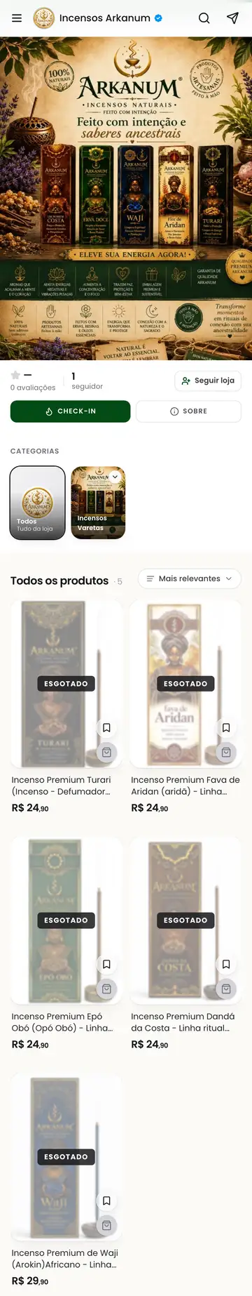 Loja Incensos Arkanum aberta no celular, com a vitrine e os produtos