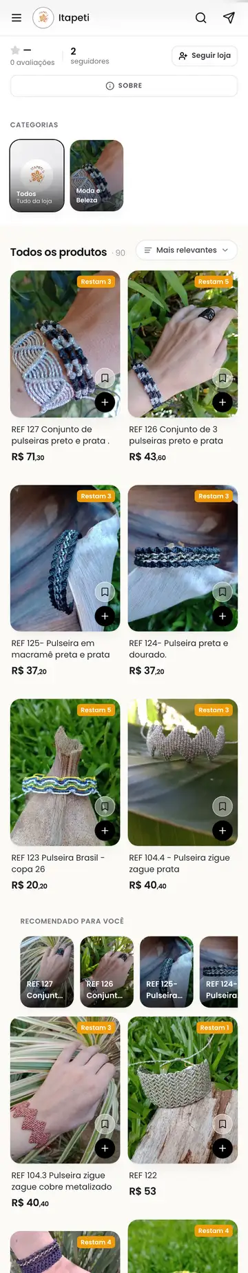 Loja Itapeti aberta no celular, com a vitrine e os produtos