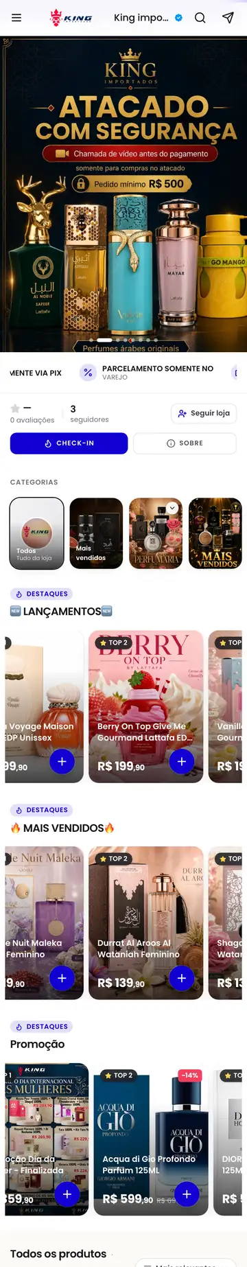 Loja King Importados aberta no celular, com a vitrine e os produtos