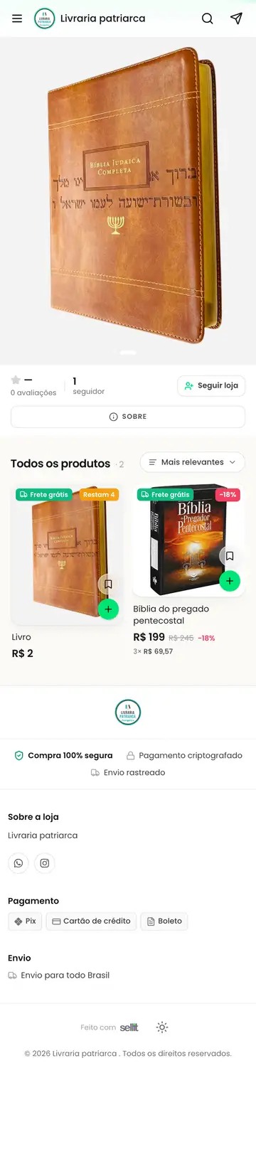 Loja Livraria Patriarca aberta no celular, com a vitrine e os produtos