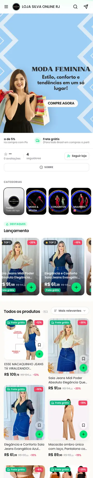 Loja Loja Silva Online RJ aberta no celular, com a vitrine e os produtos