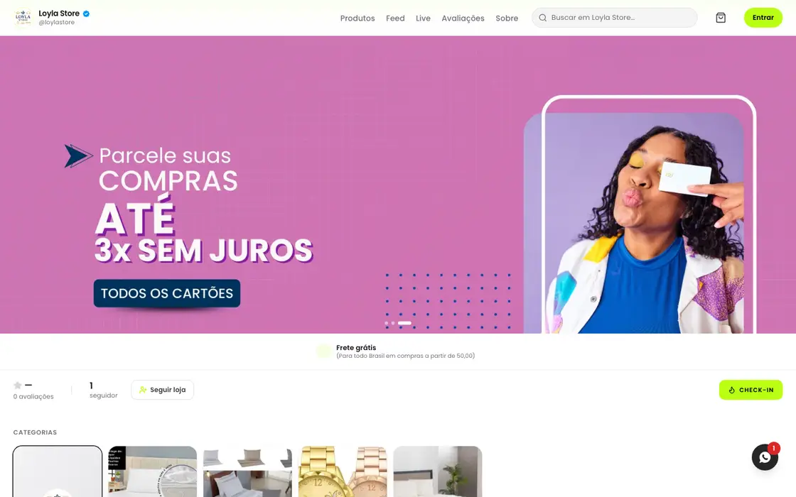 Página inicial da loja Loyla Store no computador