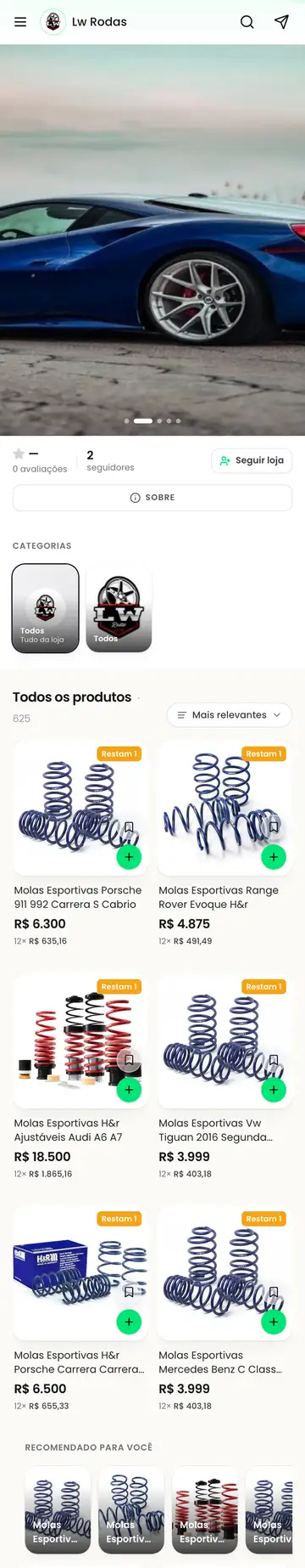 Loja LW Rodas aberta no celular, com a vitrine e os produtos
