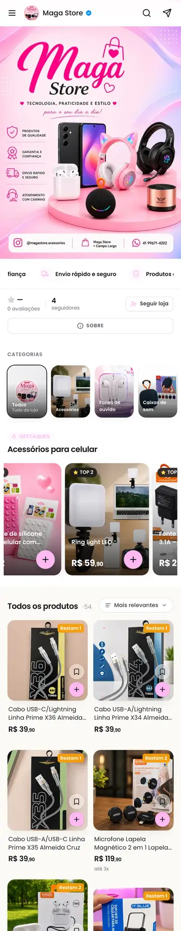 Loja Maga Store aberta no celular, com a vitrine e os produtos