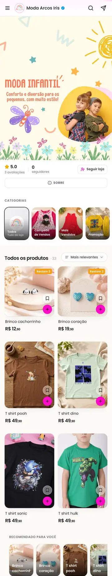 Loja Moda Arco-Íris aberta no celular, com a vitrine e os produtos
