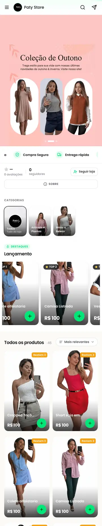 Loja Paty Store aberta no celular, com a vitrine e os produtos