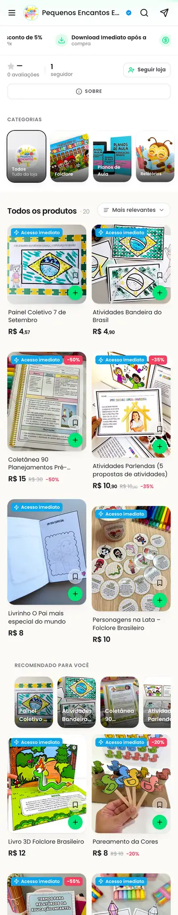Loja Pequenos Encantos Educativos aberta no celular, com a vitrine e os produtos