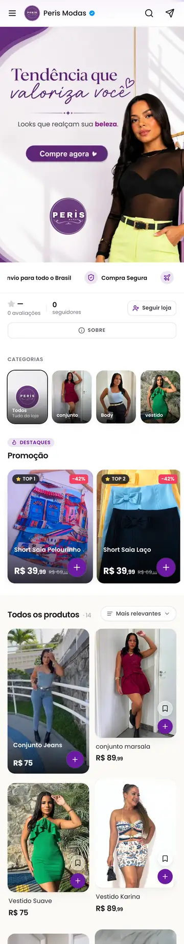 Loja Peris Modas aberta no celular, com a vitrine e os produtos