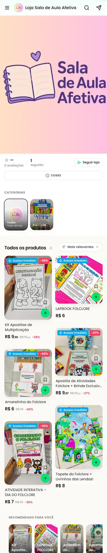 Loja Sala de Aula Afetiva aberta no celular, com a vitrine e os produtos