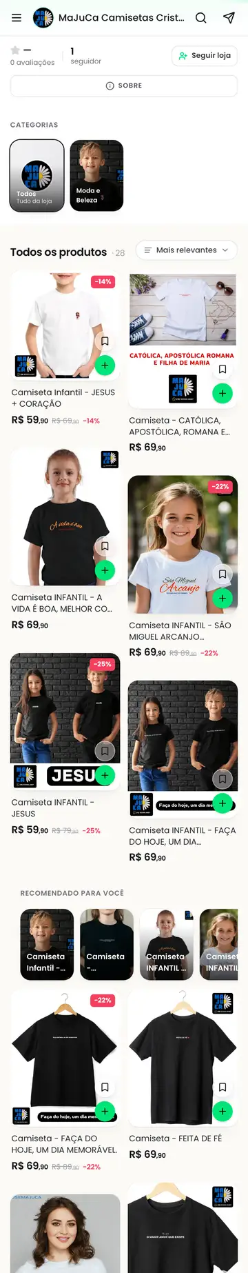 Loja MaJuCa Camisetas Cristãs aberta no celular, com a vitrine e os produtos