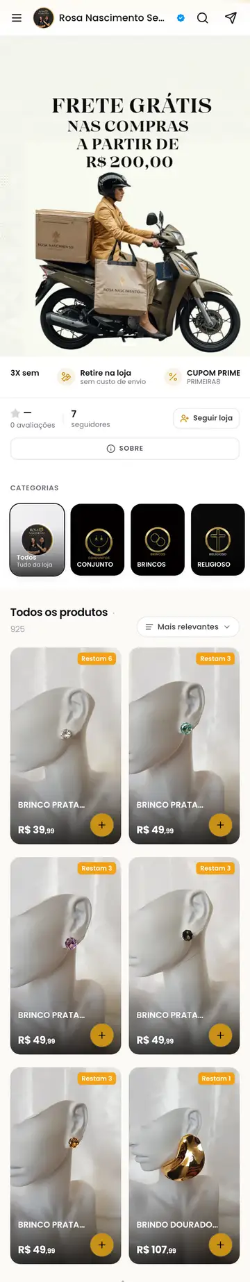 Loja Rosa Nascimento Semijoias aberta no celular, com a vitrine e os produtos