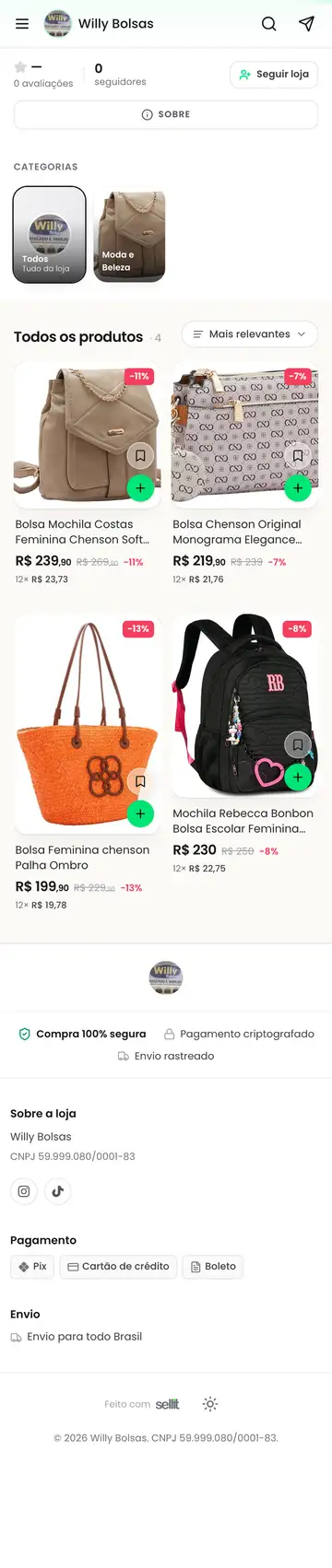Loja Willy Bolsas aberta no celular, com a vitrine e os produtos