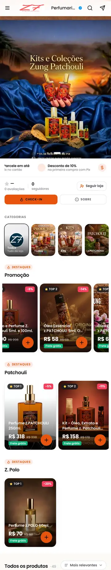 Loja ZUNG Fragrances aberta no celular, com a vitrine e os produtos