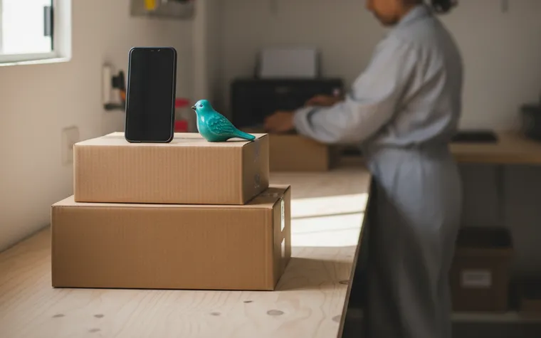 Celular apoiado numa pilha de caixas já fechadas e prontas para envio, sobre a bancada