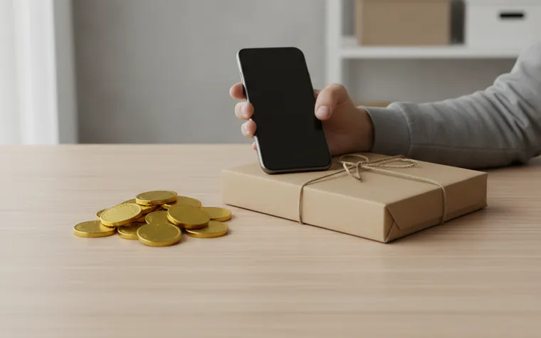 Mão segurando o celular sobre a mesa, com um pacote e moedas de chocolate embrulhadas em papel dourado ao lado