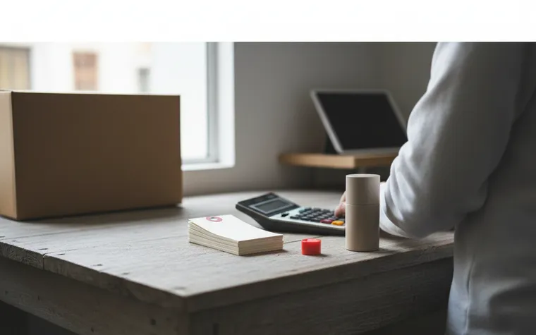 Calculadora, etiquetas de preço de papel em branco e um produto liso sobre a mesa