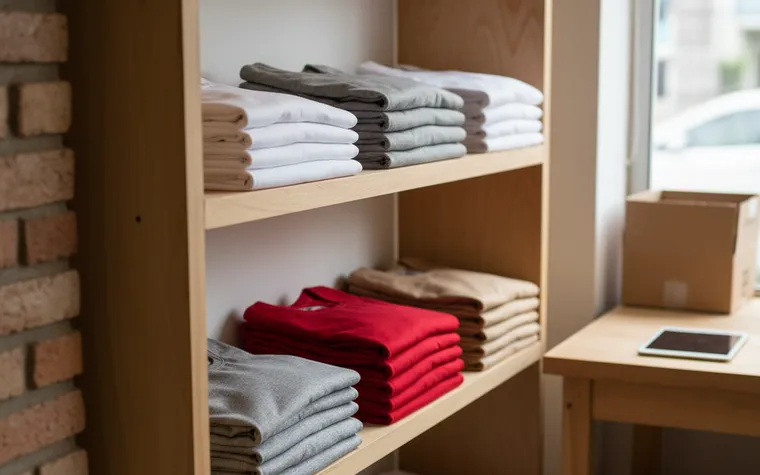 Pilhas de camisetas lisas dobradas e separadas por cor numa prateleira de madeira