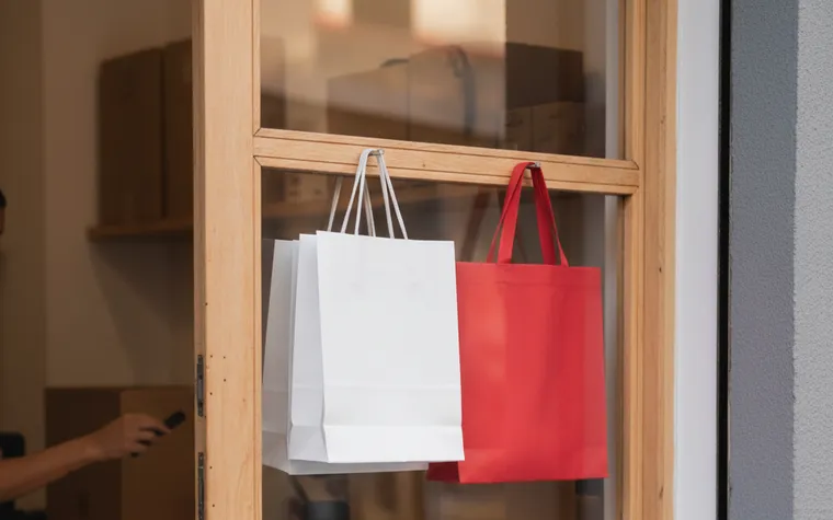 Sacolas de compras lisas penduradas na porta de vidro de uma loja de bairro