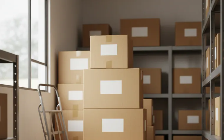 Caixas de papelão lisas empilhadas num depósito, com etiquetas em branco