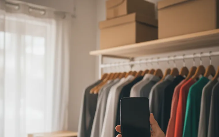 Mão segurando o celular com a tela apagada na frente de uma arara de roupas numa loja pequena