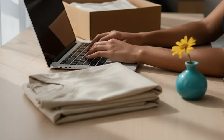 Mãos digitando num notebook na mesa da sala, com uma peça de roupa dobrada e uma caixa aberta ao lado