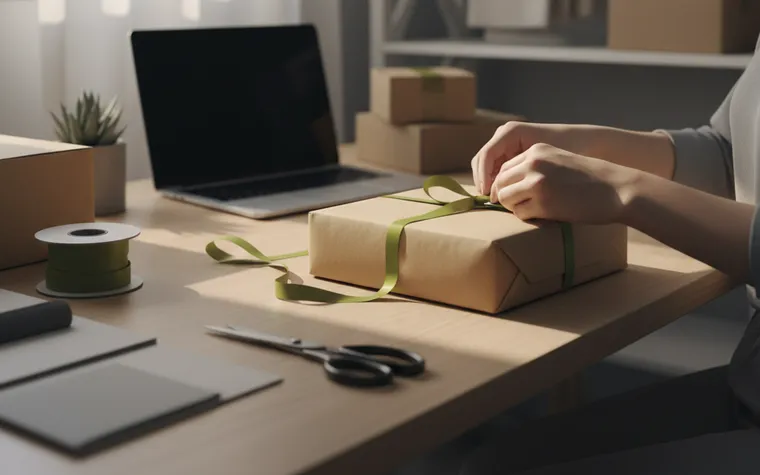 Artesã amarrando uma fita num embrulho de papel kraft na mesa do ateliê montado em casa