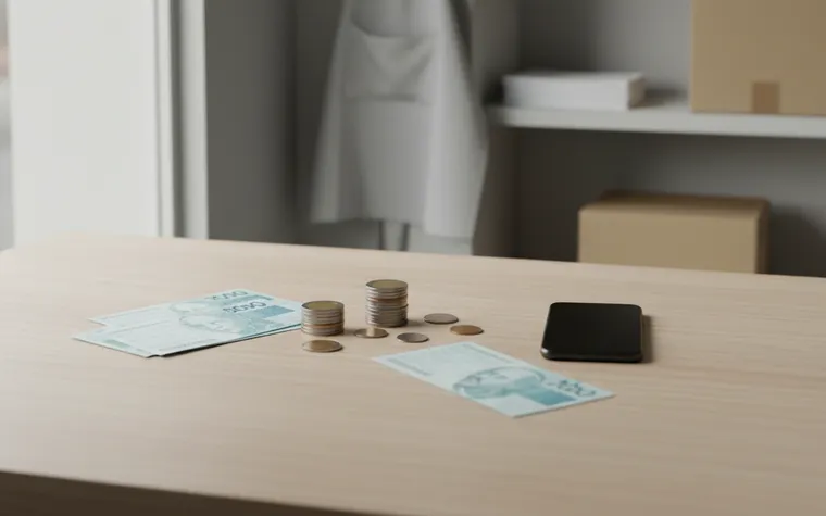 Moedas e notas de papel lisas, sem valor legível, ao lado de um celular de tela apagada sobre a mesa