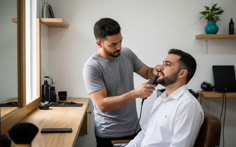 Barbeiro de camiseta cinza aparando a barba de um cliente de camisa branca com a máquina, ao lado de uma bancada de madeira com produtos de barbear