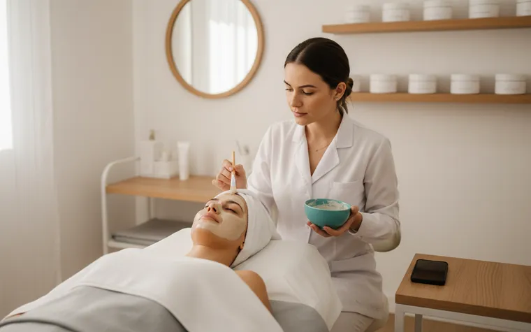 Esteticista de jaleco branco aplicando máscara facial com pincel numa cliente deitada na maca, numa sala clara com espelho redondo e potes na prateleira