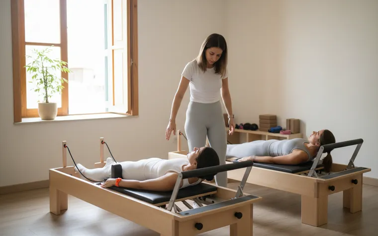 Instrutora de pilates acompanhando duas alunas deitadas em reformers de madeira, numa sala clara com janela e planta
