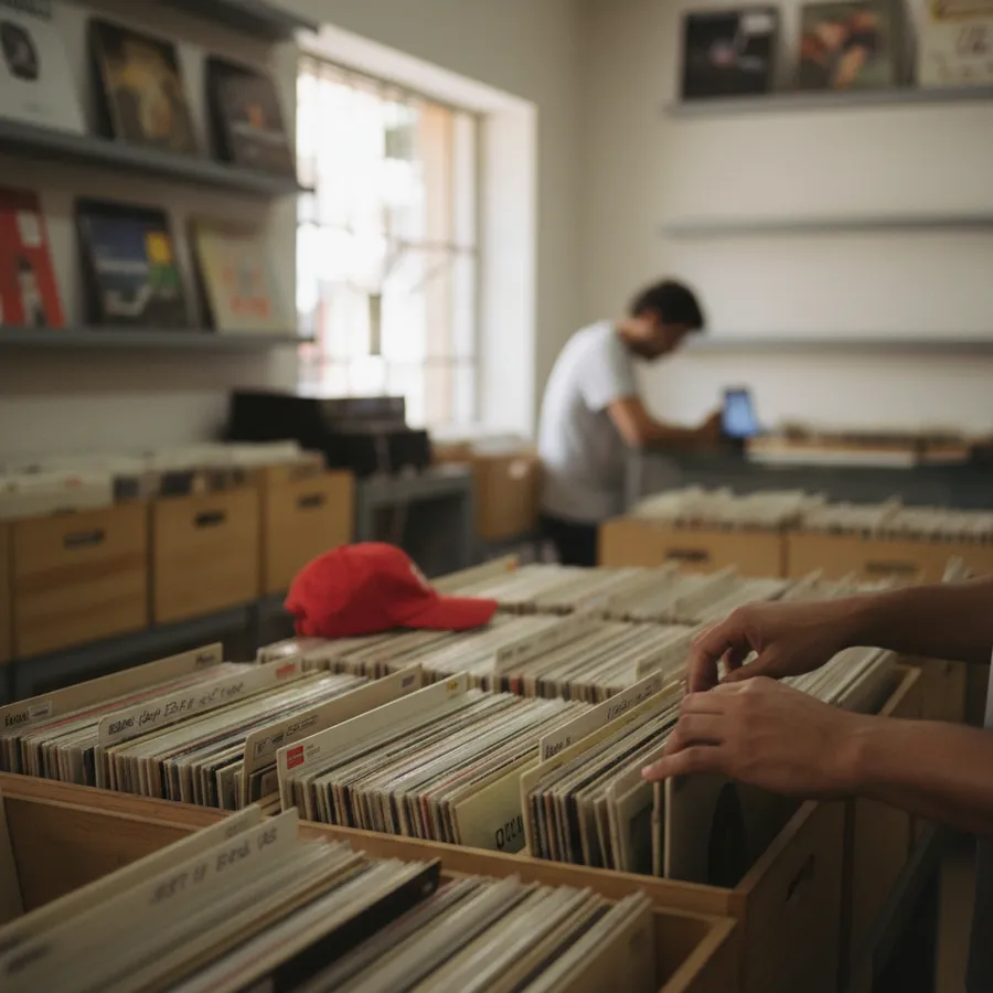 Colecionador folheando discos de vinil em caixotes de madeira numa loja de discos