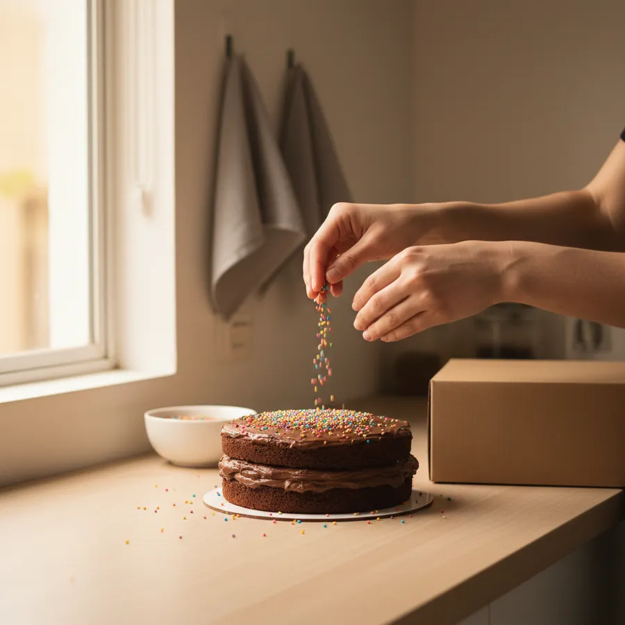 Confeiteira finalizando um bolo de chocolate caseiro na cozinha de casa