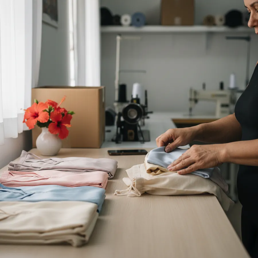 Lojista dobrando pijamas e camisolas de cetim e colocando em saquinhos de tecido
