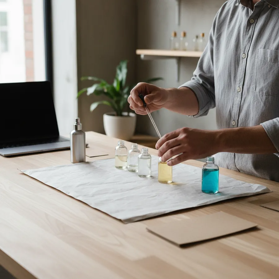 Perfumista enchendo pequenos frascos de vidro numa bancada clara