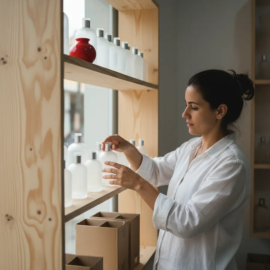 Lojista arrumando frascos de perfume de vidro lisos numa prateleira de madeira clara