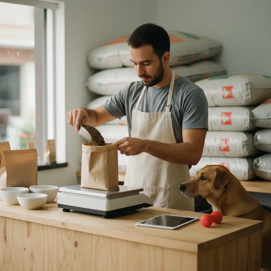 Atendente de pet shop pesando ração a granel no balcão, com um cachorro caramelo olhando