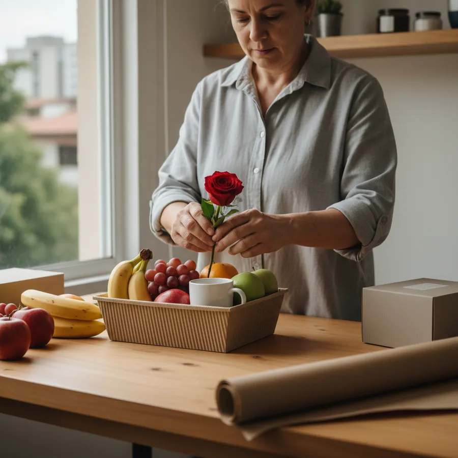 Lojista montando uma cesta de café da manhã com flores e frutas
