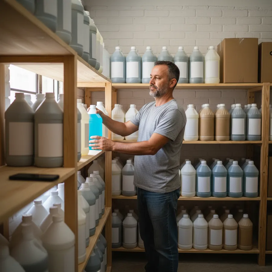 Lojista organizando galões e frascos de produtos de limpeza nas prateleiras do depósito